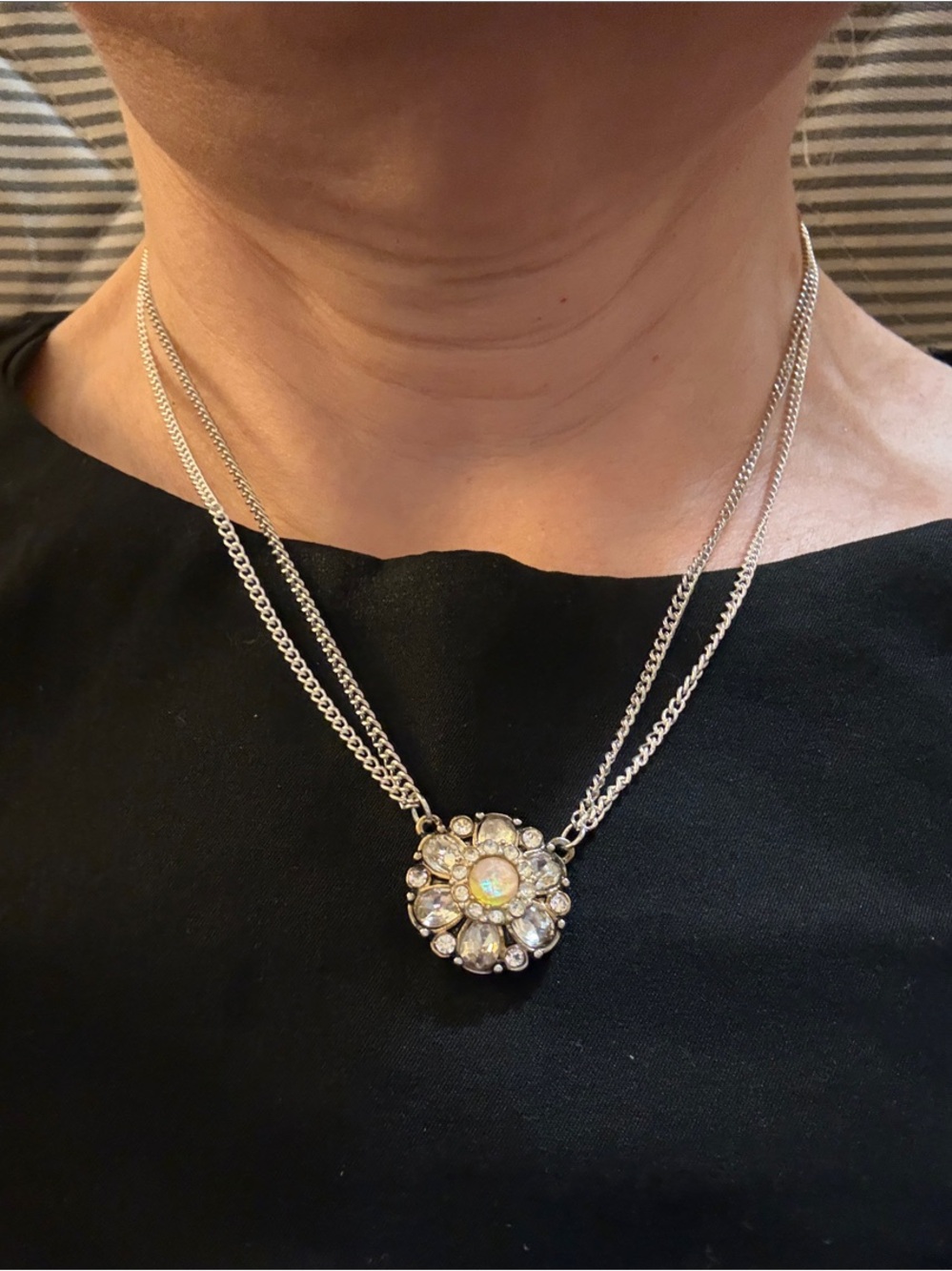 Hand-Crafted Floral Opal Center Silver Necklace With Double Chain Women Jewelry